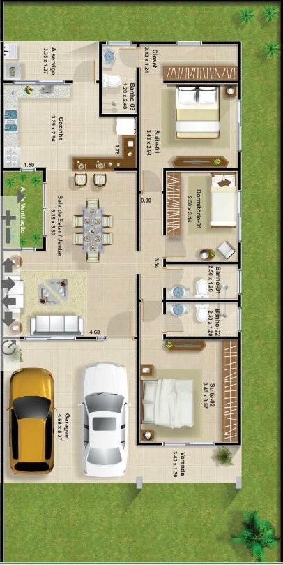 planta linear tres quartos - Estas Plantas de Casas Pequenas Vão Te Surpreender – Confira as Melhores Ideias para Inspirar Seu Próximo Projeto!