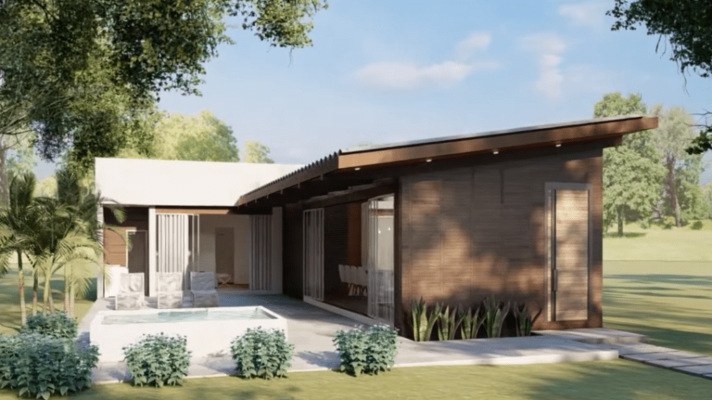 Casa pequena em forma de L projetada com madeira e concreto 1 1024x576 - Tiny house em forma de L projetada com madeira e concreto