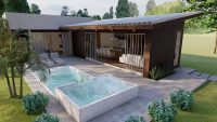 Casa pequena em forma de L projetada com madeira e concreto